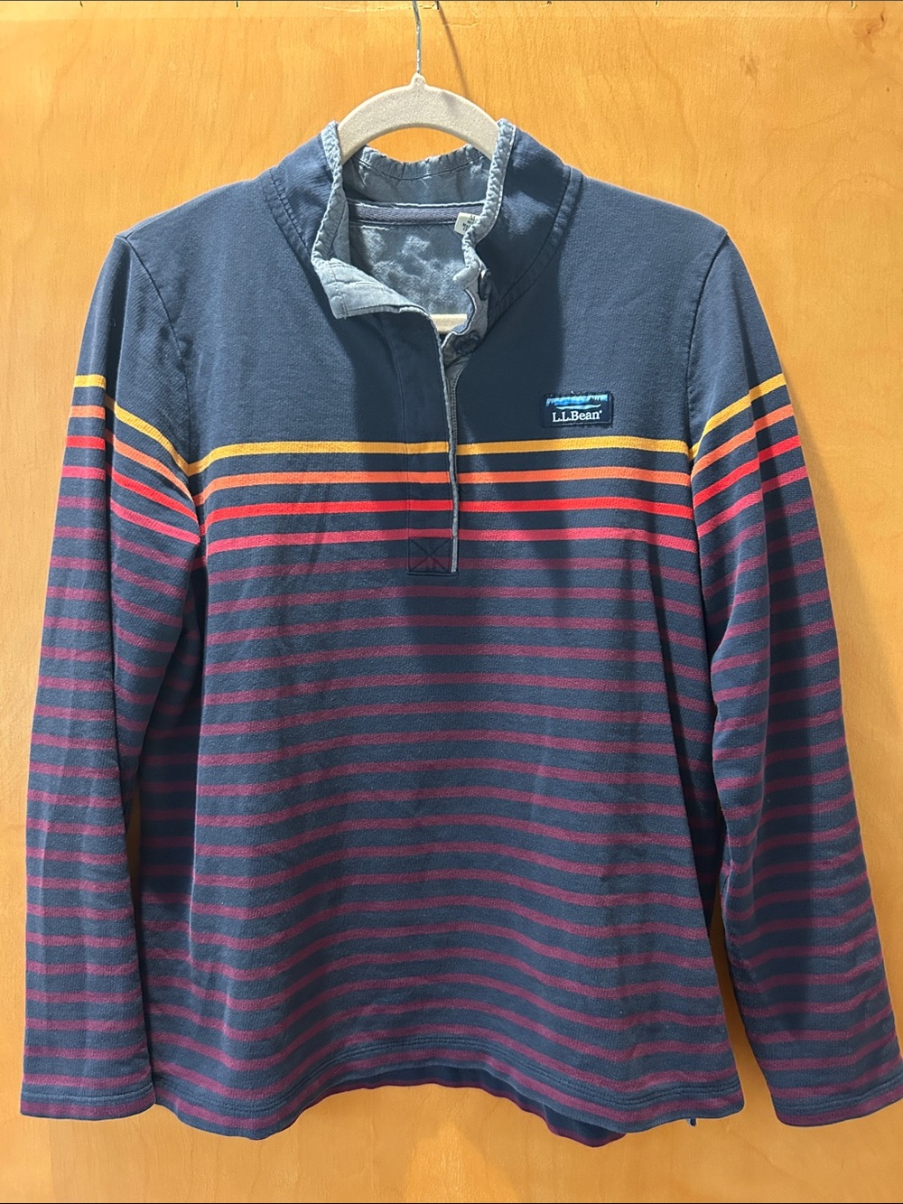 L.L. Bean Navy Rugby Pullover with Burgundy Stripes and Yellow Accents